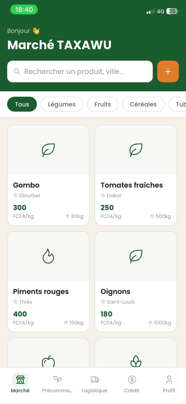 Capture d'écran de l'application TAXAWU, marché avec produits agricoles
